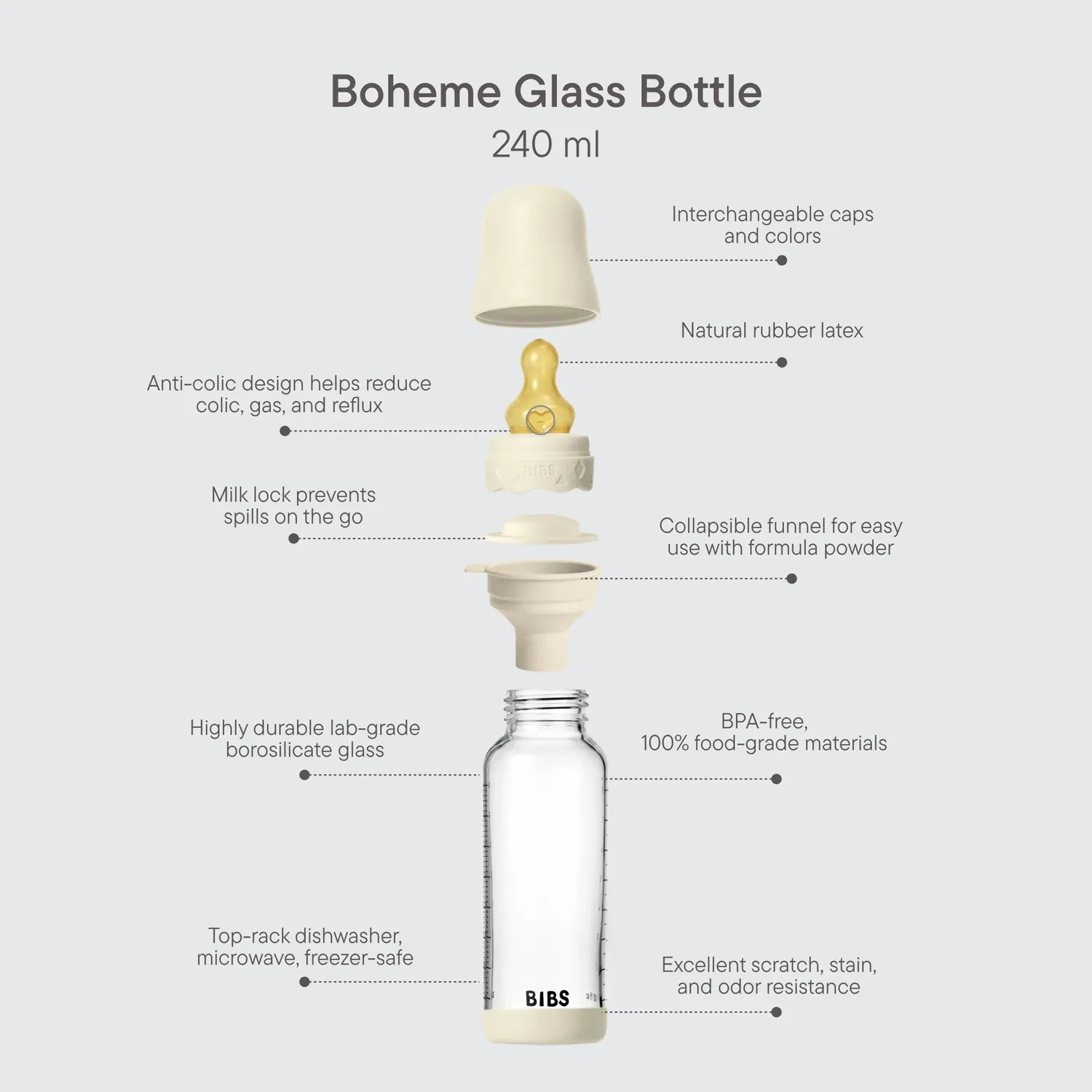 BIBS Boheme Babyflasche Glas 240ml Ivory Latex