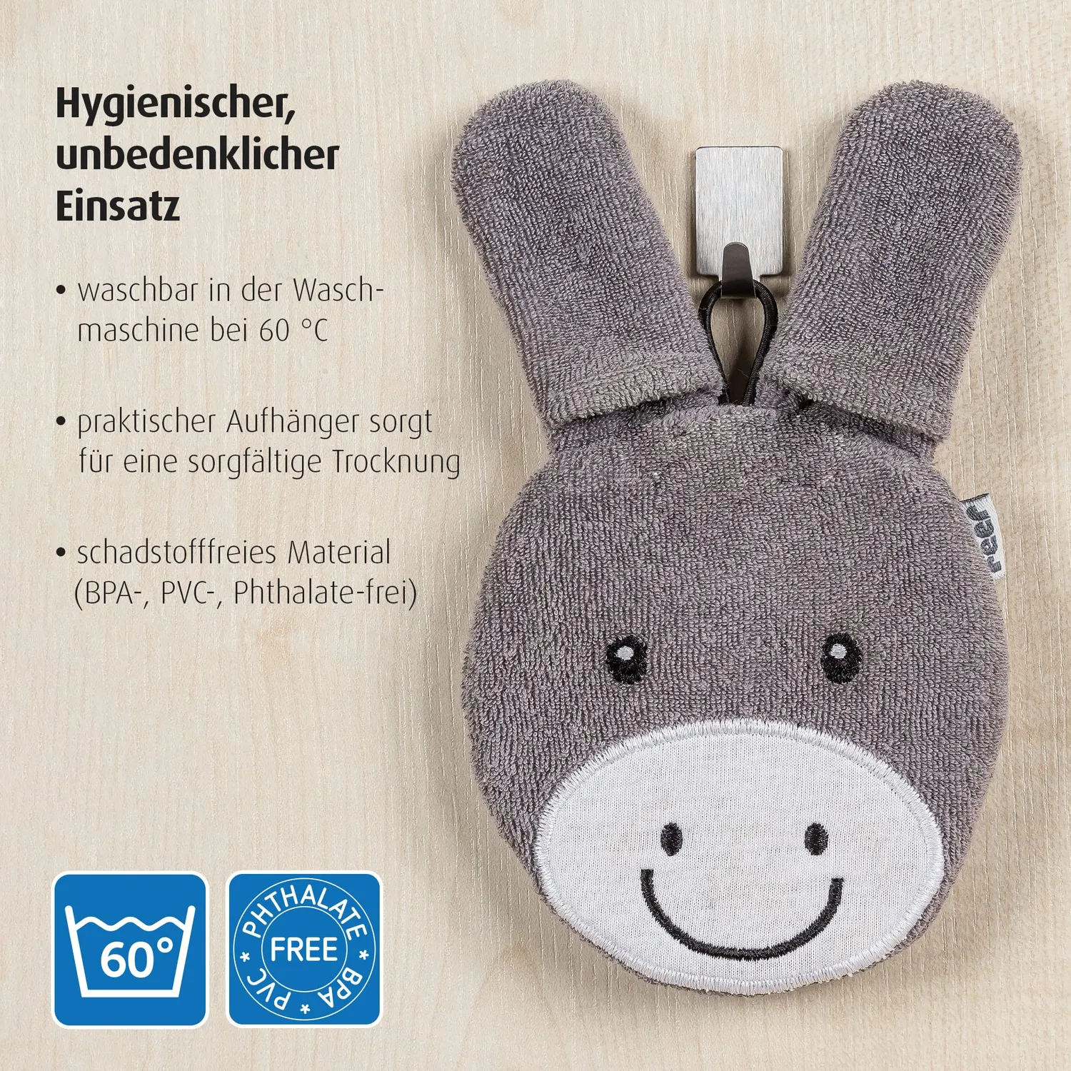 Reer BabyCare Waschpad Waschhandschuh grau Esel