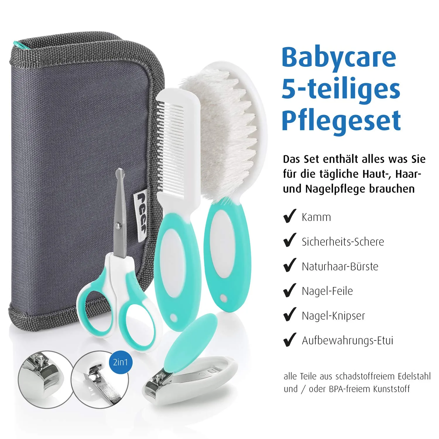 Reer BabyCare Babypflegeset 5-teilig Naturborsten Etui