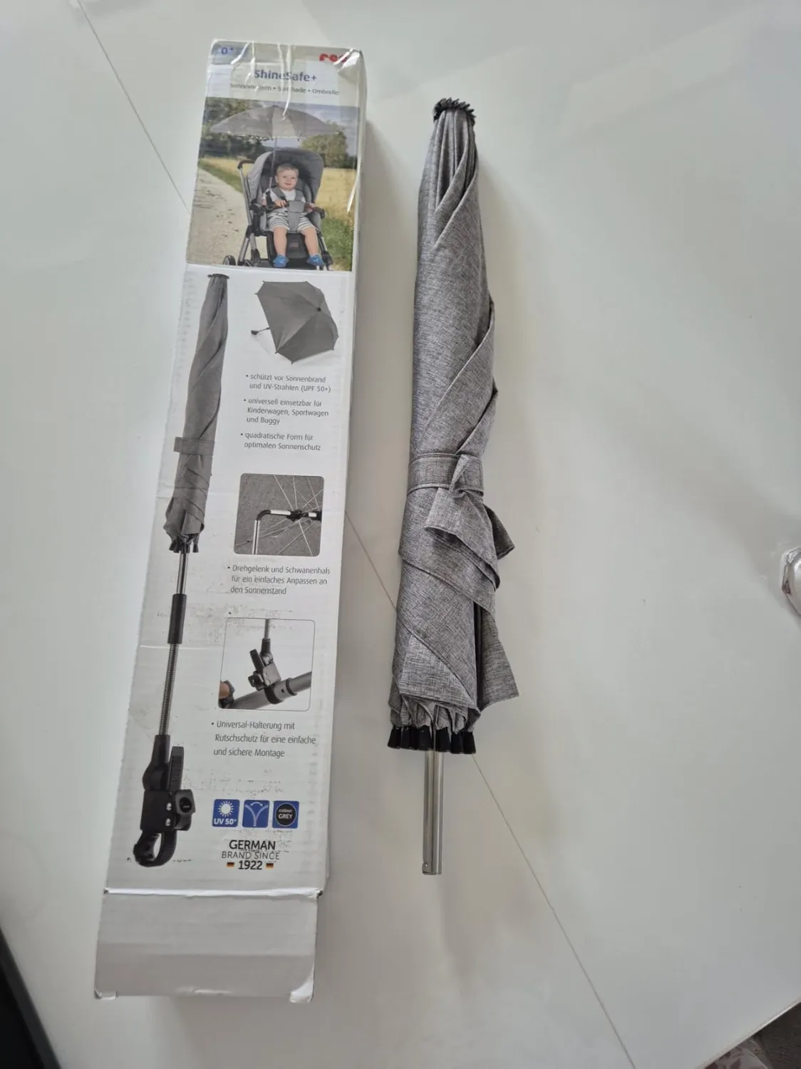Reer ShineSafe Sonnenschirm Kinderwagen grau UPF 50+