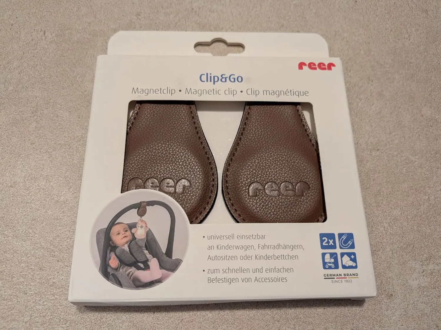 Reer Clip&Go Magnetclip braun für Kinderwagen 2er-Set