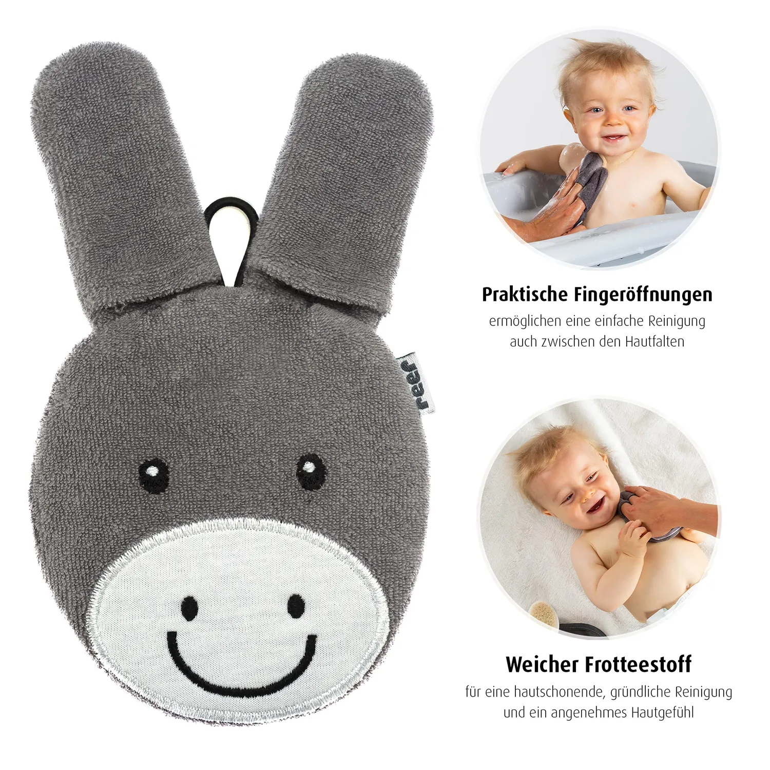 Reer BabyCare Waschpad Waschhandschuh grau Esel