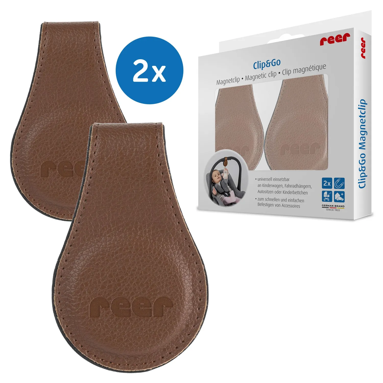 Reer Clip&Go Magnetclip braun für Kinderwagen 2er-Set